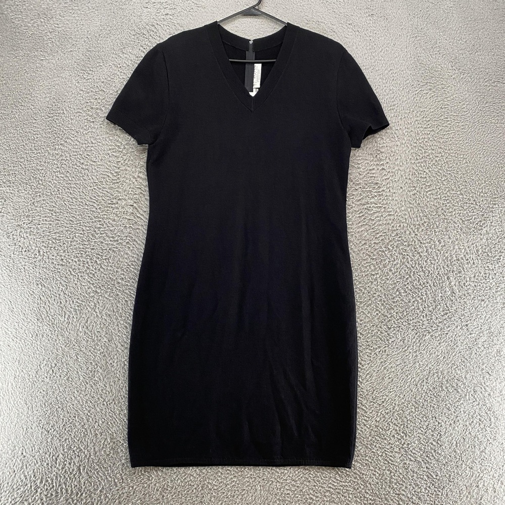 St John Collection Sweater Dress Womens 16‎ Black Knit V Neck USA Short Sleeve